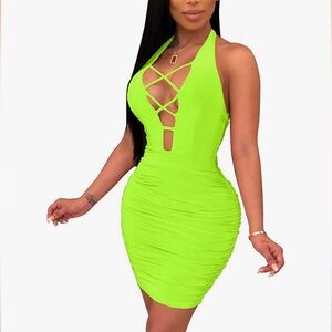 Antopmen Neon Green Bodycon Halter Dress